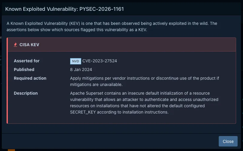 Dialog showing details about assertions associated with a KEV designation